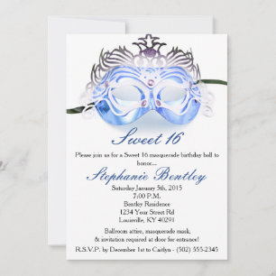 Blue Masquerade Zebra Sweet 16 Birthday Invitation Kaart