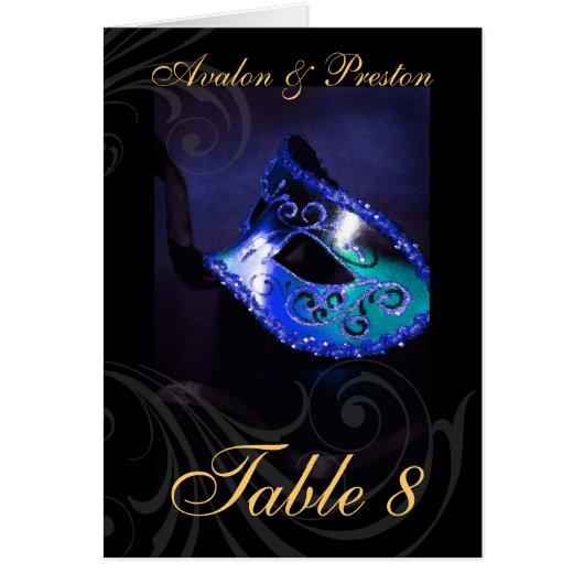 Blue Masqurade Swirl Table Number Card (Voorkant)