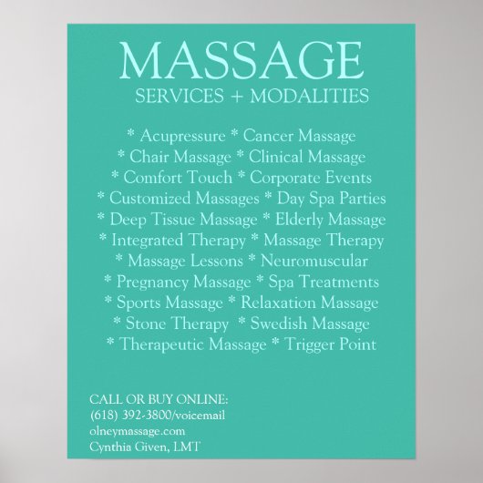 BLUE massage modaliteiten lijst Poster (Voorkant)