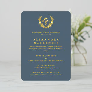 Blue MD Asclepius+Laurel Wreath Graduation Party Folie Uitnodiging