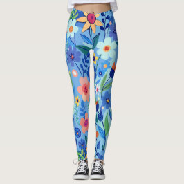 Blue Meadow Bloemen Pastel Aangepast patroon Leggings