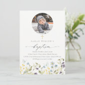 Blue Meadow Floral Butterfly Photo Baptism Invite Bedankkaart (Staand voorkant)