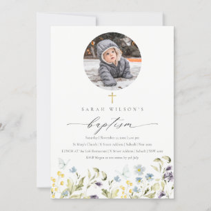 Blue Meadow Floral Butterfly Photo Baptism Invite Bedankkaart