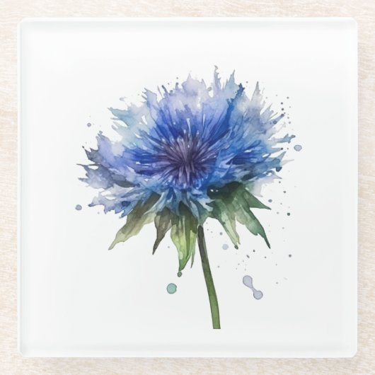 Blue Meadow Magic: Waterverf Cornflower Art Glazen Onderzetter (Voorkant)