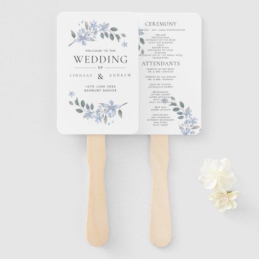 Blue Meadow Waterverf Wedding Program Hand Fan Handwaaier (Voorkant en achterkant)
