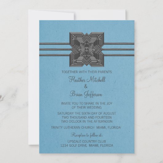 Blue Medallion Border Wedding Invite Kaart (Voorkant)