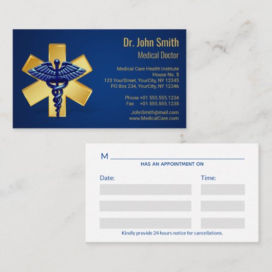 Blue Medical 3D Caduceus Gold Cross Afsprakenkaartje (Voorkant / Achterkant)
