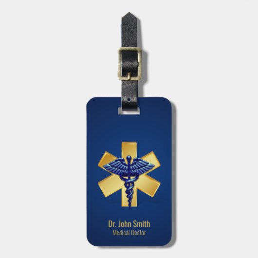 Blue Medical 3D Caduceus Gold Cross Bagagelabel (Voorkant verticaal)
