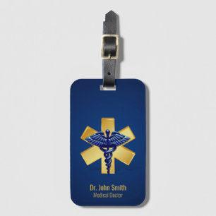 Blue Medical 3D Caduceus Gold Cross Bagagelabel