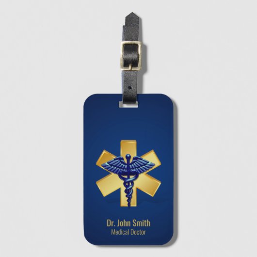 Blue Medical 3D Caduceus Gold Cross Bagagelabel (Voorkant (verticaal))
