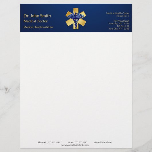 Blue Medical 3D Caduceus Gold Cross Briefhoofd (Voorkant)