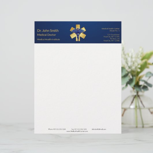 Blue Medical 3D Caduceus Gold Cross Briefhoofd (Staand voorkant)