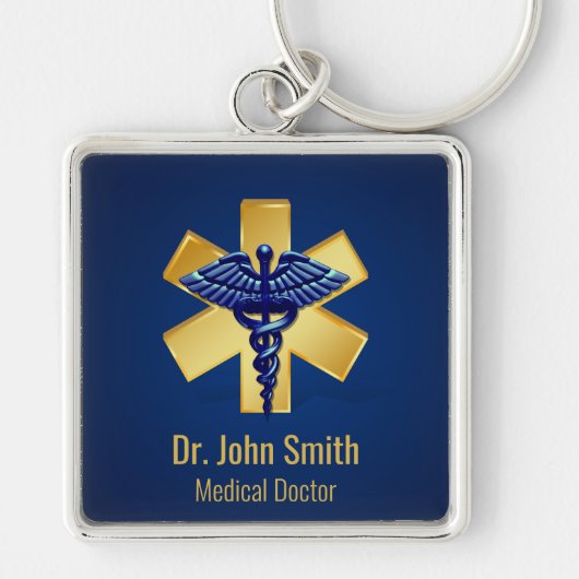 Blue Medical 3D Caduceus Gold Cross Sleutelhanger (Voorkant)
