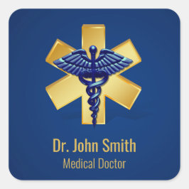 Blue Medical 3D Caduceus Gold Cross Vierkante Sticker