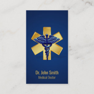 Blue Medical 3D Caduceus Gold Cross Visitekaartje