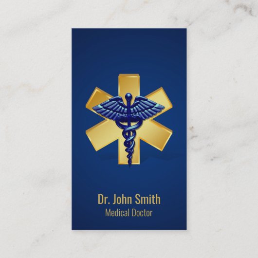 Blue Medical 3D Caduceus Gold Cross Visitekaartje (Voorkant)