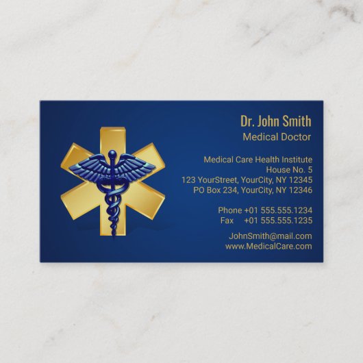 Blue Medical 3D Caduceus Gold Cross Visitekaartje (Voorkant)