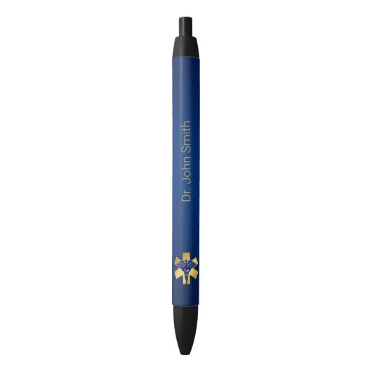 Blue Medical 3D Caduceus Gold Cross Zwarte Inkt Pen (Voorkant Verticaal)
