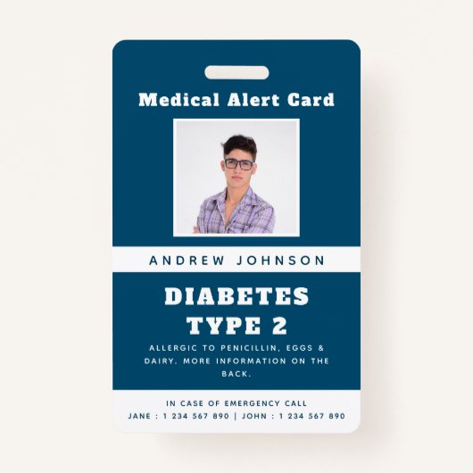 Blue Medical Alert Emergency ID Foto Adult Name Badge (Voorkant)