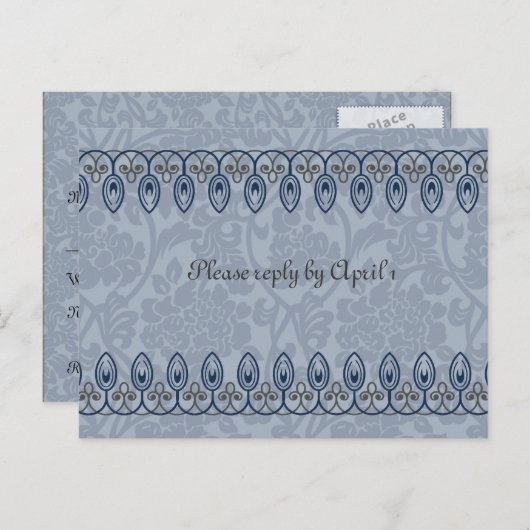 Blue Medieval Brocade RSVP Uitnodiging Briefkaart (Voorkant / Achterkant)