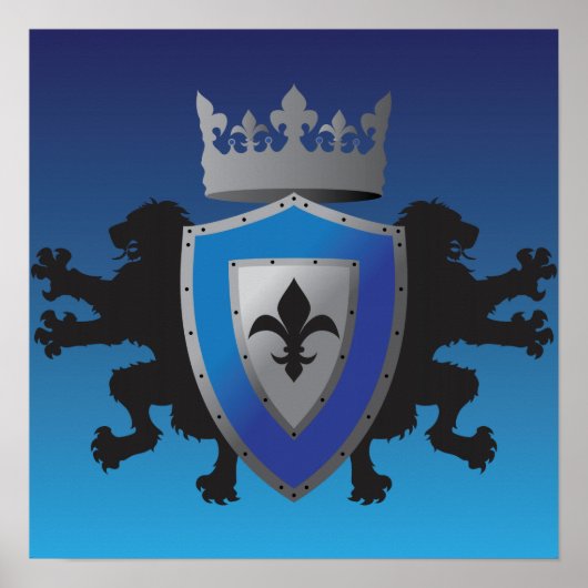 Blue Medieval Lion Heraldry Poster (Voorkant)