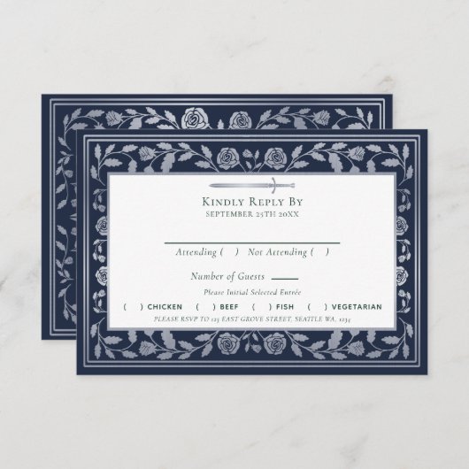 Blue Medieval Sword Wedding RSVP Enclosure Kaart (Voorkant / Achterkant)