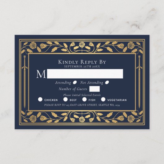 Blue Medieval Sword Wedding RSVP Enclosure Kaart (Voorkant)