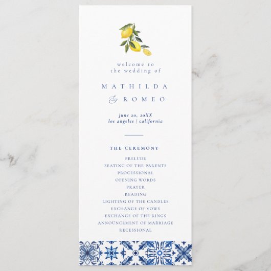 Blue Mediteranean tegel & citrus bruiloft programm Programmakaart (Voorkant)