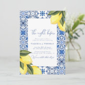Blue Mediterraanse Tegel & Citrus bruiloft repetit Kaart (Staand voorkant)