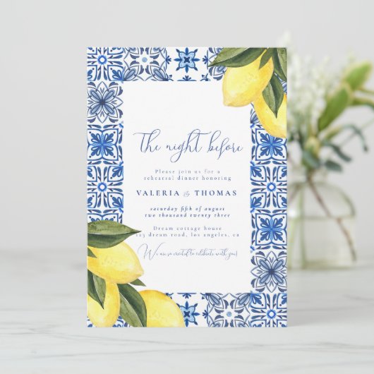 Blue Mediterraanse Tegel & Citrus bruiloft repetit Kaart (Staand voorkant)