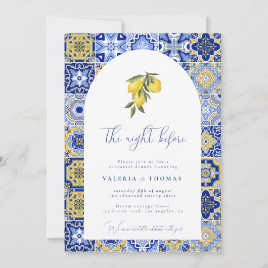 Blue Mediterraanse Tegel & Citrus bruiloft repetit Kaart (Voorkant)