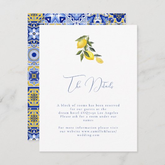 Blue mediterraanse tegel & citrus Trouwdetails Informatiekaartje (Voorkant / Achterkant)