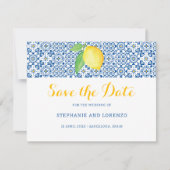 Blue Mediterrane Tegel Waterverf Lemon Wedding Save The Date (Voorkant)