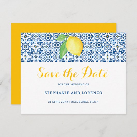 Blue Mediterrane Tegel Waterverf Lemon Wedding Save The Date (Voorkant / Achterkant)