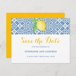 Blue Mediterrane Tegel Waterverf Lemon Wedding Save The Date