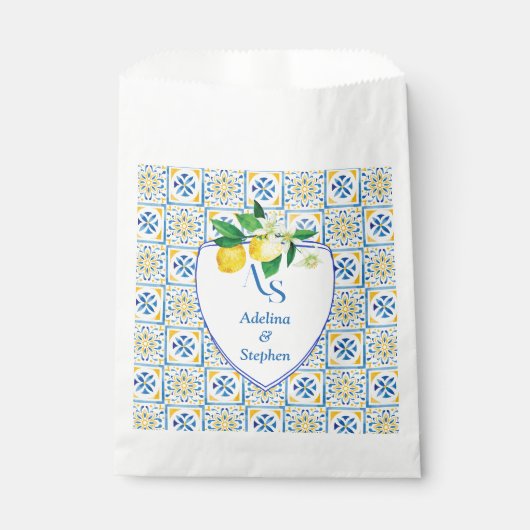 Blue Mediterrane Tegels Italië Crest Lemon Wedding Bedankzakje (Voorkant)