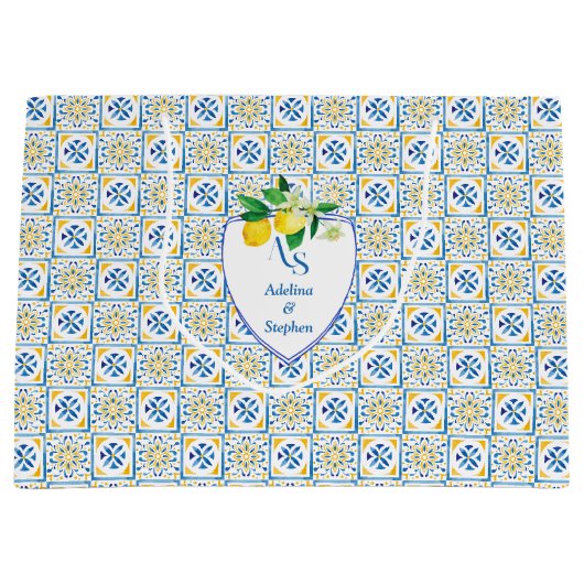 Blue Mediterrane Tegels Italië Crest Lemon Wedding Groot Cadeauzakje (Voorkant)