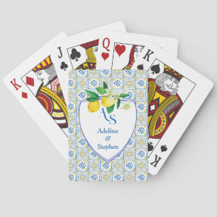 Blue Mediterrane Tegels Italië Crest Lemon Wedding Pokerkaarten
