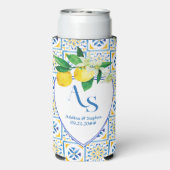 Blue Mediterrane Tegels Italië Crest Lemon Wedding Seltzer Blikjeskoeler (Seltzer Achterkant)