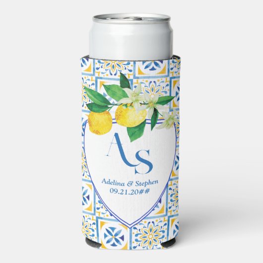 Blue Mediterrane Tegels Italië Crest Lemon Wedding Seltzer Blikjeskoeler (Seltzer Achterkant)