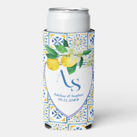 Blue Mediterrane Tegels Italië Crest Lemon Wedding Seltzer Blikjeskoeler (Seltzer Voorkant)
