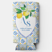Blue Mediterrane Tegels Italië Crest Lemon Wedding Seltzer Blikjeskoeler (Achterkant)