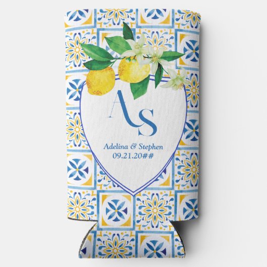 Blue Mediterrane Tegels Italië Crest Lemon Wedding Seltzer Blikjeskoeler (Achterkant)