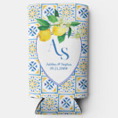 Blue Mediterrane Tegels Italië Crest Lemon Wedding Seltzer Blikjeskoeler (Voorkant)