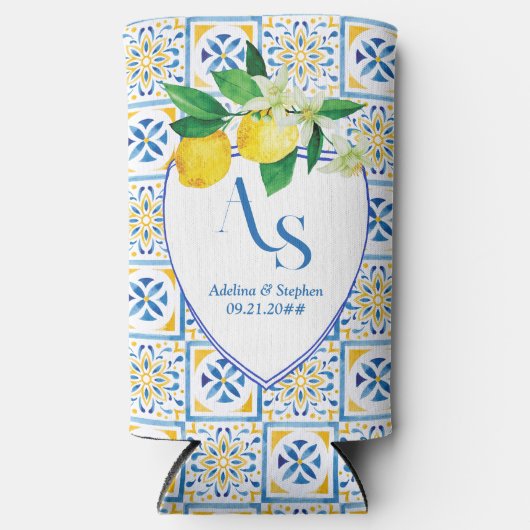 Blue Mediterrane Tegels Italië Crest Lemon Wedding Seltzer Blikjeskoeler (Voorkant)