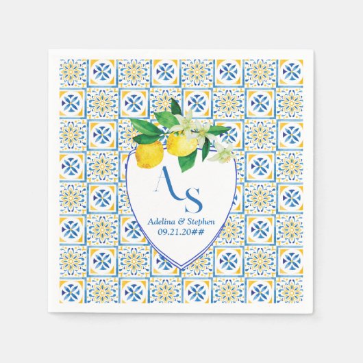 Blue Mediterrane Tegels Italië Crest Lemon Wedding Servet (Voorkant)