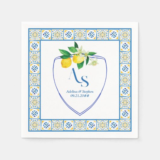 Blue Mediterrane Tegels Italië Crest Lemon Wedding Servet (Voorkant)