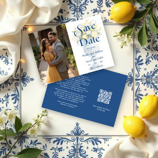 Blue Mediterranean Floral Classic Chalice Lemons Save The Date