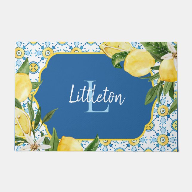 Blue Mediterranean Lemon Monogram Custom New Home Deurmat (Voorkant)