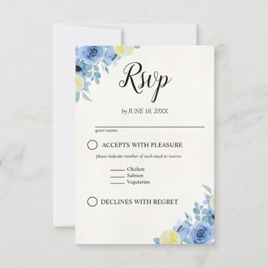 Blue Mediterranean Lemon Wedding RSVP Kaartje (Voorkant)
